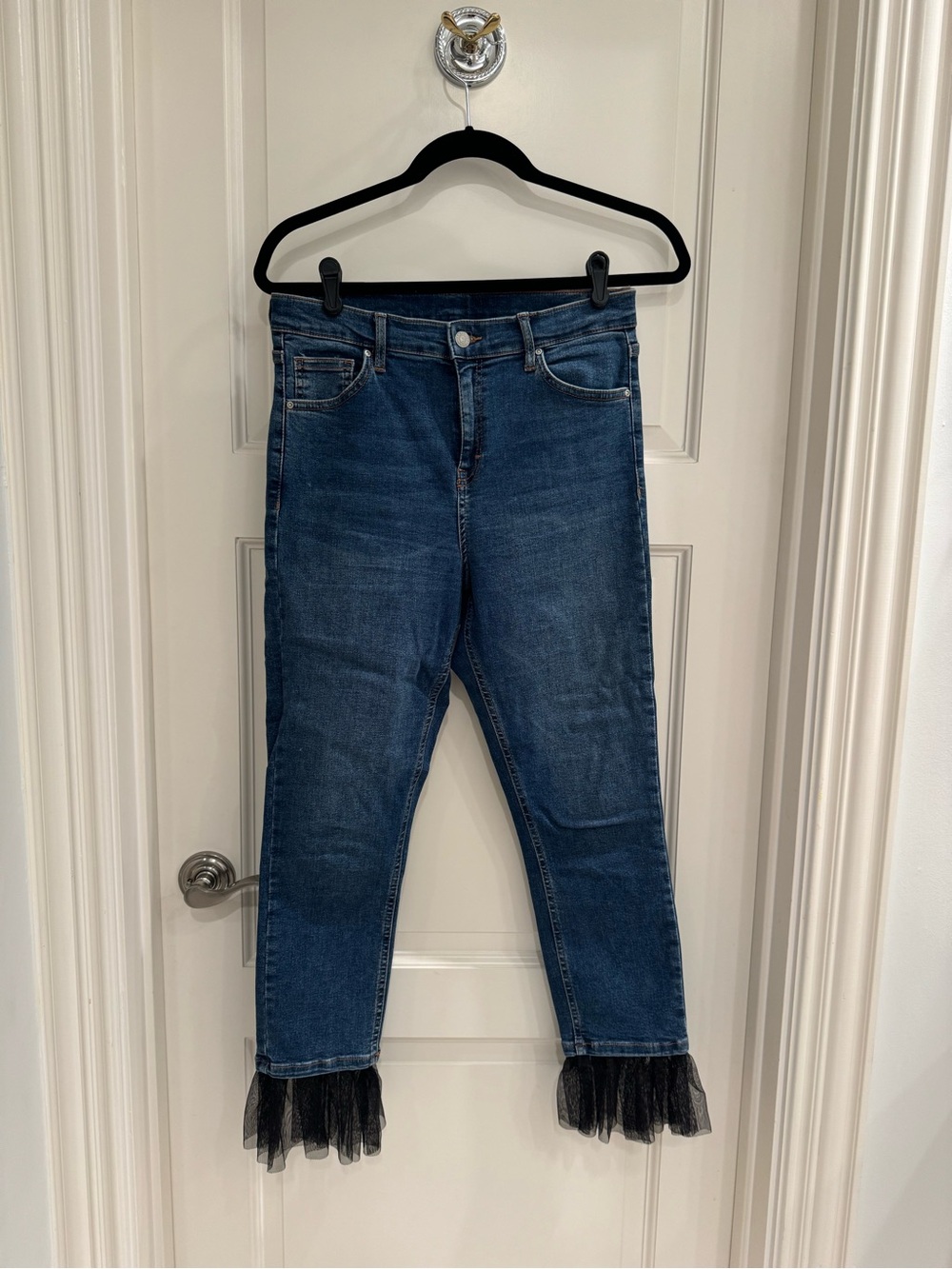 Topshop Dark Blue Cropped Jeans with Black Tulle Ruffle Hem